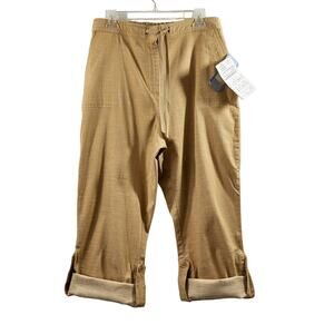 Sz L Tan Drawstring Pants Zip Hook-Loop Linen Convertible Leg Pants Denim & Co